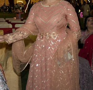 Pastel Peach Sequinn Embroidery Evening Gown