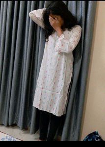 white printed cotton mix rayon kurti long straight