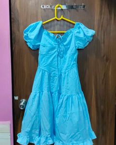Sky Blue Puff Sleeve Tiered Mini Dress