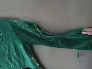 Green Synthetic Flared Top | Pearl Neck Work
