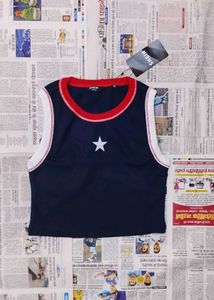 SHEIN Navy Blue Star Crop Top Red White Trim Y2K S