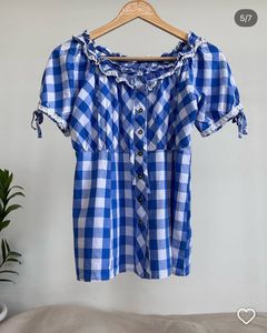 Vintage Gingham Cottagecore Blouse – Blue & White