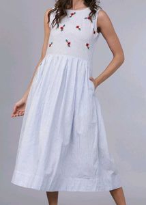 Tokyo Talkies Embroidered Striped Blue Dres