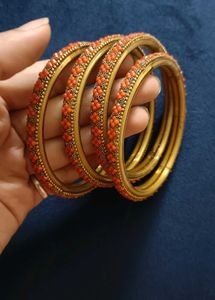 Orange & Gold Bangles - Set of 4