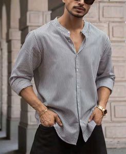 Striped Grandad Collar Shirt - Size L