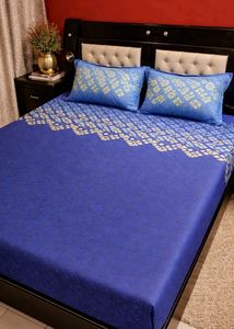 Blue Geometric Double Bedsheet with 2 Covers