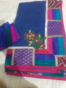 Blue Patchwork Border Saree