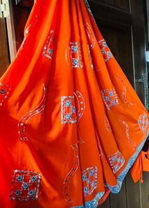 Orange Embellished Saree with Stitched Blouse