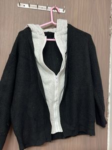 New Cozy Black Knit Cardigan with hoodie for L &amp;xl
