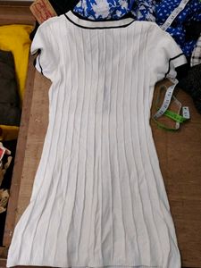 Retro White Ribbed Knit Mini Dress
