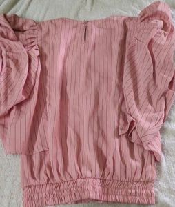 Pink Striped Blouse Puff Sleeves