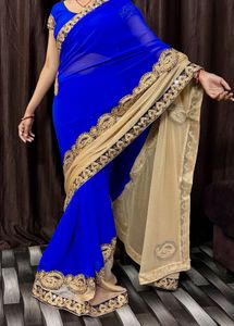 Beautiful Royal Blue Saree with Gold Lace