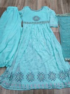 Aqua Embroidered Anarkali Suit