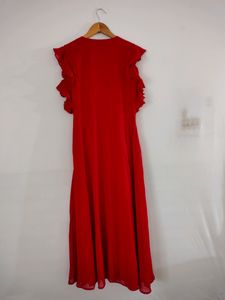 Red Ruffle Sleeve Wrap Maxi Dress
