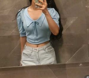 Light Blue Tie-Front Cropped Sweater