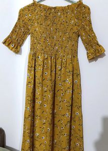 Mustard Floral Smocked Off-Shoulder Midi Dress