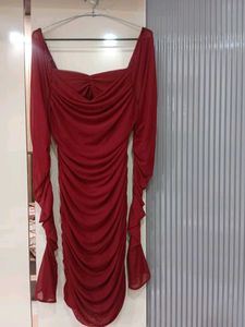 Burgundy Mesh Long Sleeve Dress