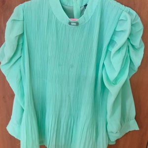 Mint Green Pleated Puff Sleeve Top