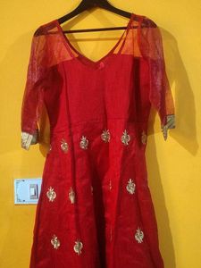 Red &amp; Gold Embroidered Anarkali Dress