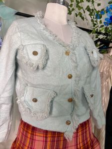 Fringe Trim Tweed baby blue Jacket