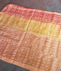 Orange &amp; Gold Checkered Saree