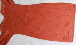 Rust Orange Rayon Mukaish Chikankari Kurta