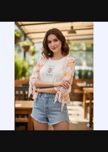 Tie Sleeve Top and Denim Short Set