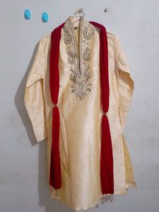 Elegant Embroidered Kurta with Red Shawl
