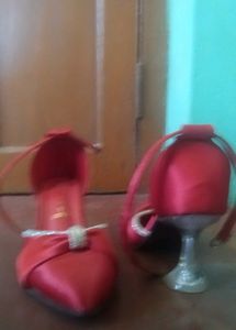 Red Satin Rhinestone Heels