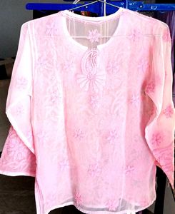 Women Chikan Georgette A-line Kurta Pink