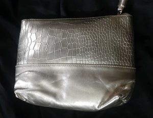 Gold Croc-embossed Metallic Zipper Pouch