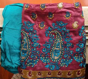 Festive Wine &amp; Teal Silk Salwar Kameez Fabric 3pc