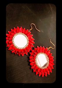 Red stone Mirror Work Earring