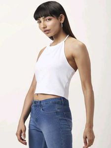 People By Pantaloons White Halter Neck Crop Top
