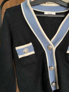 Chic Black Cardigan with Blue Trim