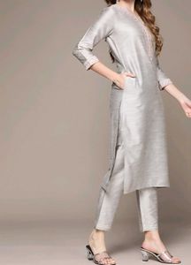 Ishin Grey Embroidered Kurta with Trousers