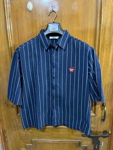 GLITCHEZ NAVY BLUE STRIPED DROP SHOULDER SHIRT