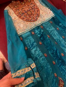 Zardozi Embroidered Teal Velvet Anarkali