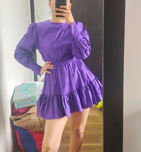 New Short Flared Puff Sleeved Purple Dress