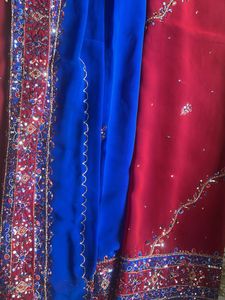Red &amp; Blue Sequins &amp; Embroidered Saree
