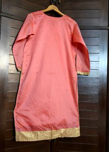 Women Peach Hand Embroidery Chanderi Silk Kurta