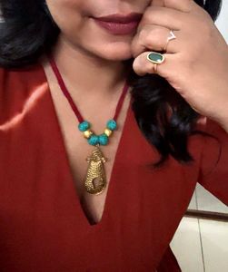 Beaded Thread Necklace With Brass Pendant