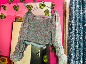 Pastel Blue Floral Ruched Top