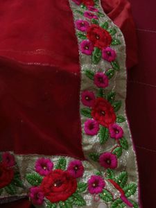 Red Saree with Floral Embroidery