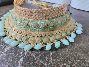 Mint Green Choker Set With Earrings And Mang Tika