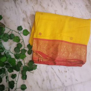 Bengali Yellow Cotton Saree With Red Border with Plain Readymade Blouse