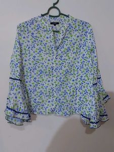 White Printed Bell Sleeves Shirt Style Top