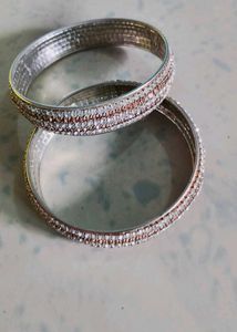Silver Stone-Studded Metal Bangles (Set of 2)