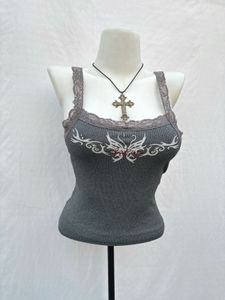 Grey Grunge Lace Trim Tank Top