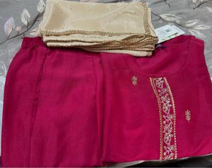 Fixed  Pink And Cream Embroidered Set